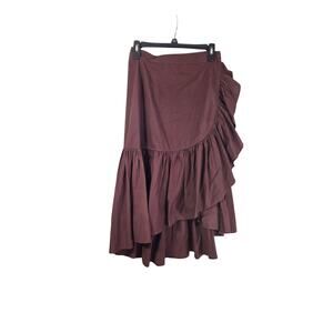 ULLA JOHNSON‎ Camilla Raisin Red Brown Ruffle Poplin Midi Wrap A Line Skirt Sz 4